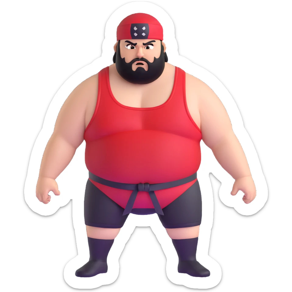 Extreme close-up of face of morbidly obese white skin guy with young face, prominent BLACK DURAG tied clearly on head, black beard but no mustache, clean shaven upper lip, black eyes in a red and black wrestling singlet with angry expression sticker