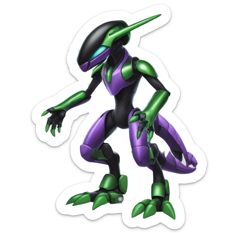 a shiny black-green-purple Genesect-Flygon-Raptor-Fakémon-Medabot-hybrid with a futuristic visor-helmet full body sticker
