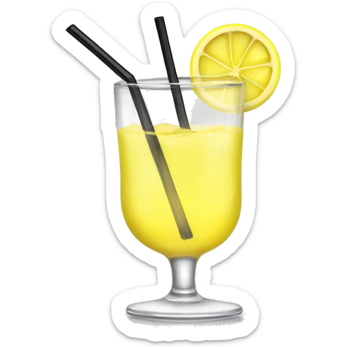 short clear drink glass with clear yellow bubbly liquid in it with a lemon garnish on the rim and black straw sticker