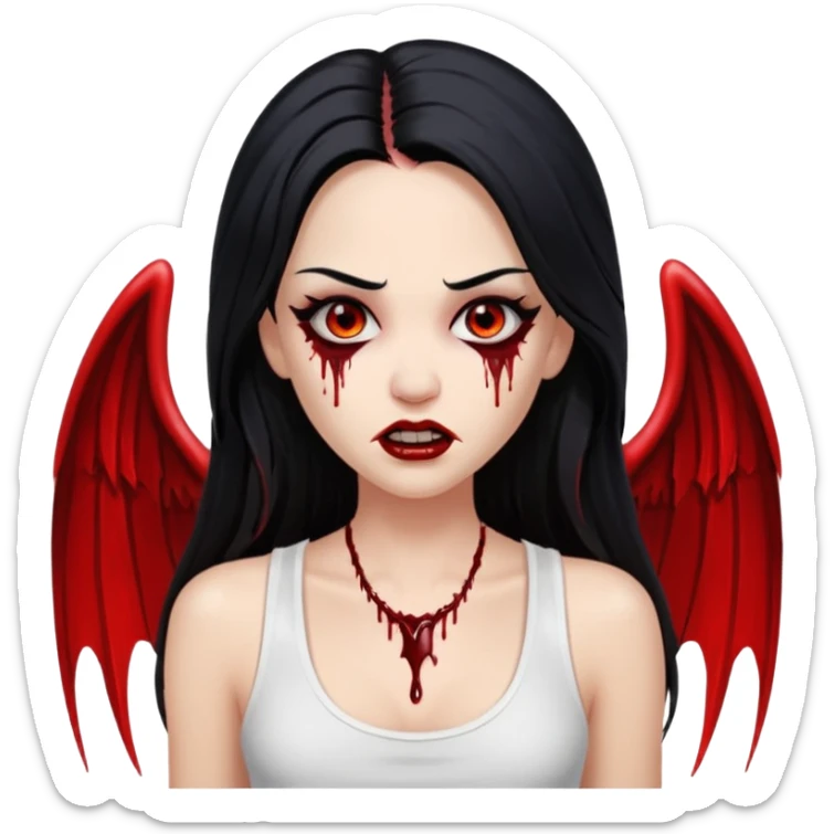 White woman with a white tank top long black hair glossy middle part long hair vamp look with fangs or blood dripping down lips brown eyes eyeliner winged with lashes top and bottom white border sticker