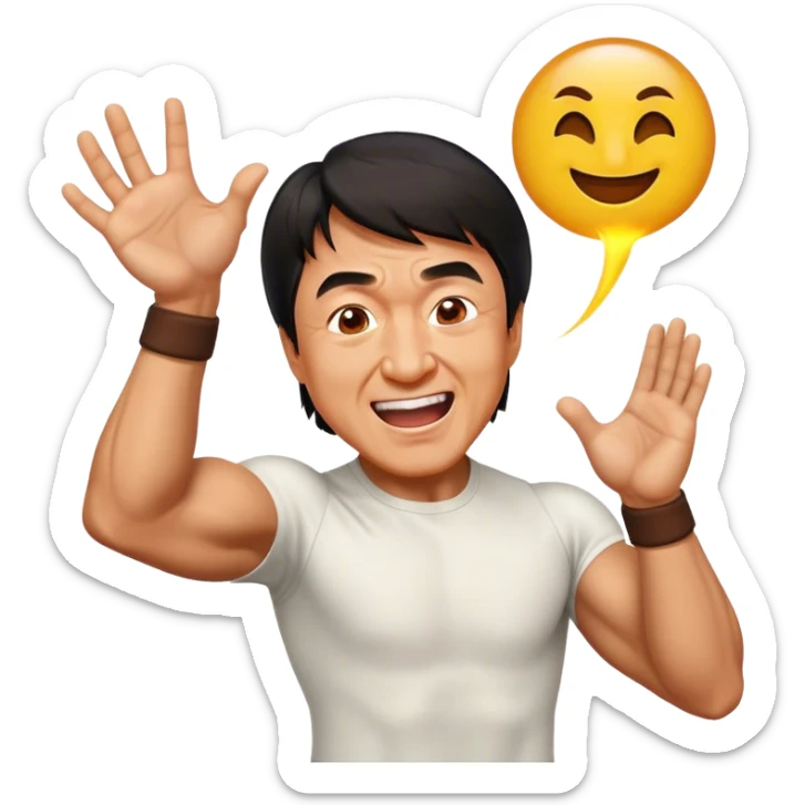 Cinematic Realistic Jackie Chan Pop Culture Emoji, depicted with playful agility and charismatic charm rendered with lifelike textures and vibrant, action‚Äêpacked lighting. sticker