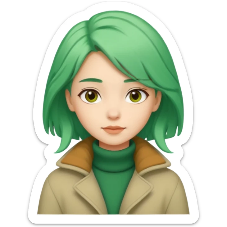 Girl with green hair wearing warm winter coat with a relaxed posture and friendly face sticker