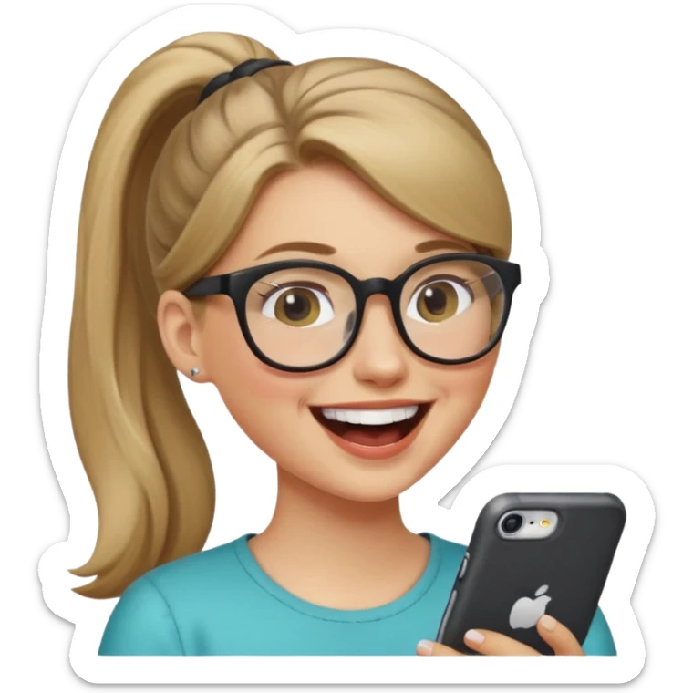 White girl with dark blonde hair in a ponytail and glasses laughing sticker