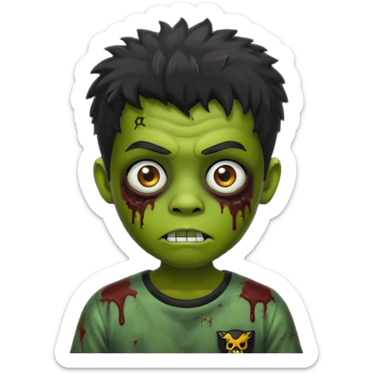 crie um zumbi menino bonito, com aparencia jovem igual, com cabelo preto, curto, com franja, o estilo do cabelo do zumbi seria o mesmo dos meninos de cabelo liso bagunçado do pinterest, faça ele com uma camisa preta sticker