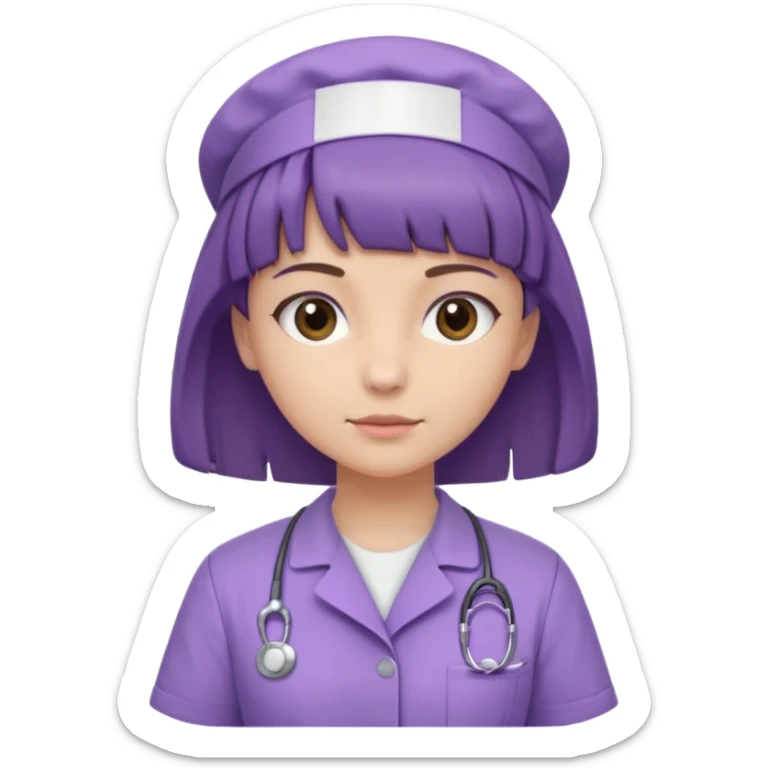 A young female slim nurse with short Brown hair with fringe over her forehead, wearing larvendar purple working cloth, show her hair style without any head wear sticker