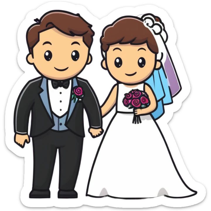 Person in fancy clothes sneaking into a wedding ceremony with a mischievous grin, uninvited guest sticker