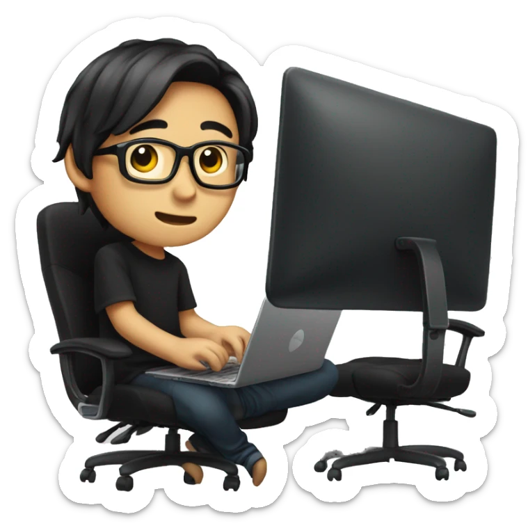 asian boy with glasses, long straight hair working, wearing black clothes , on his laptop seating on a gaming chair sticker