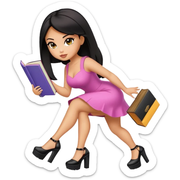 Bimbo walking, platform heels, mini dress, black hair, picking up book from ground, hot, curvey, bratz sticker