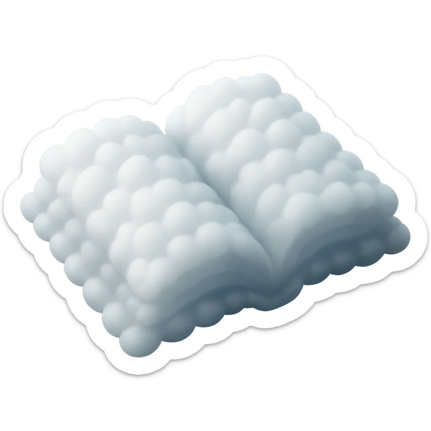 thick open book made entirely of small, very bright white fluffy convex clouds, matte glass style sticker