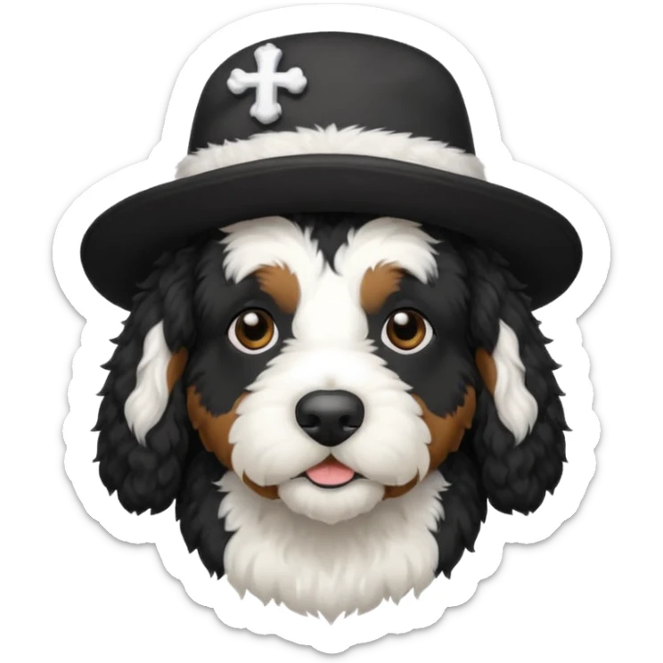 A black Bernedoodle with a white chest with a black and white hat that says friars on it sticker