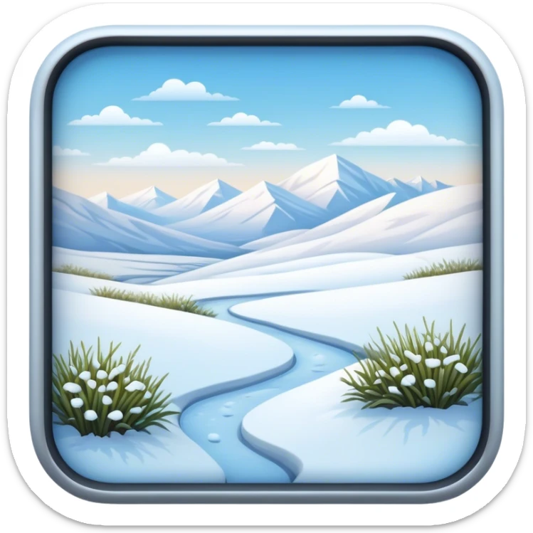 Cinematic Realistic Tundra Emoji in a wooden frame, Vast and cold, with wide expanses of snow-covered ground, sparse grasses poking through, and the occasional hardy shrub breaking up the pale white landscape. The sky above is a pale, frosty blue, and the light reflects off the snow, creating a serene yet starkly beautiful environment. Soft glowing outline, capturing the essence of a quiet, still, frozen wilderness where life endures despite the harsh conditions. sticker