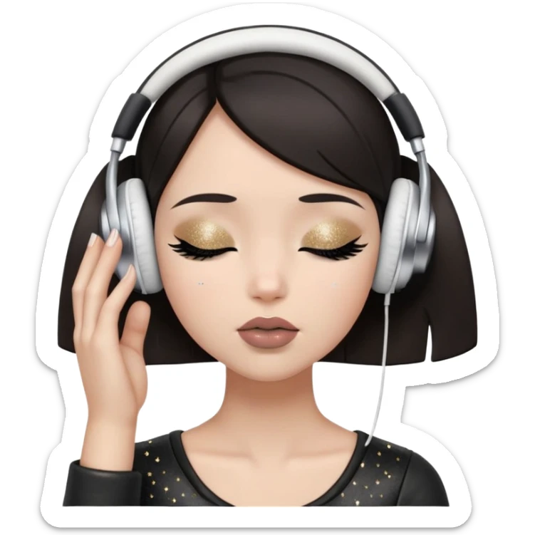 Girl with dark hair, fair skin tone, wearing a black leather top, has glitter on her eyelids, and taupe lipstick, wearing white headphones, her hands are on her ears, and her eyes are close sticker