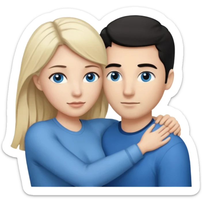 Blank woman with blond hair and blue eye color on left. And also a blank man with black hair and grey eye color in the middle. And a blank woman with brown hair and grey eye color on the right. Holding each other  sticker