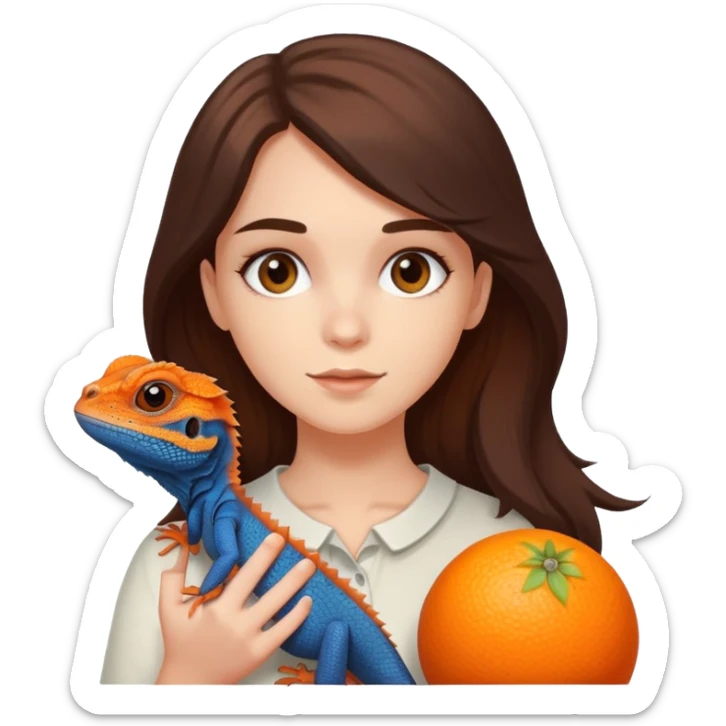White girl with dark brown hair and teen eyes holding on her hands orange bearded agama sticker