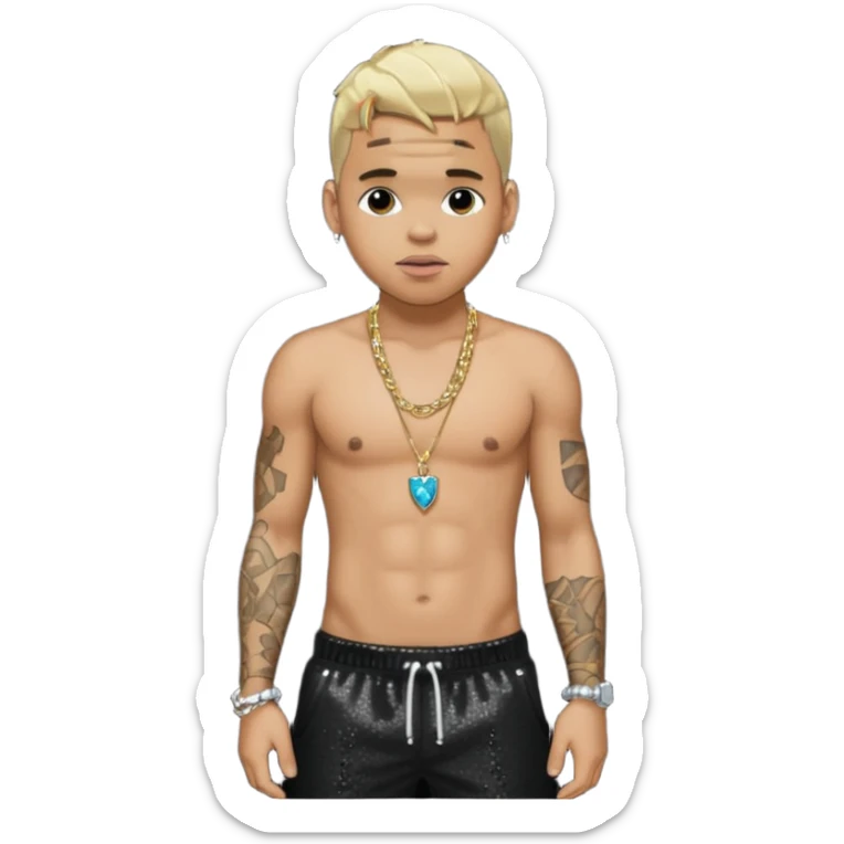 Chris Brown with blonde hair, black sequin baggy pants, shirtless with necklace sticker