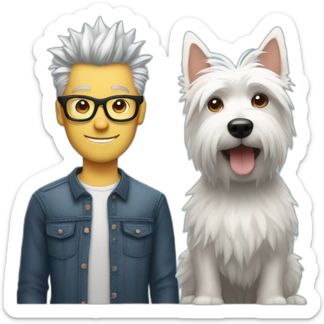 Man with glasses anda spiky hair with westie dog girl sticker