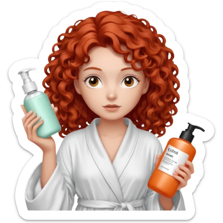 Cartoon emoji of a girl with voluminous curly red hair, fair skin, warm brown eyes. Wearing a chic milky silk robe with long sleeves, no makeup. Portrait mode, holding 3 moisterizers or different skin care products, looking super doubtful twisted and unsure. Smooth, simple, stylized." sticker