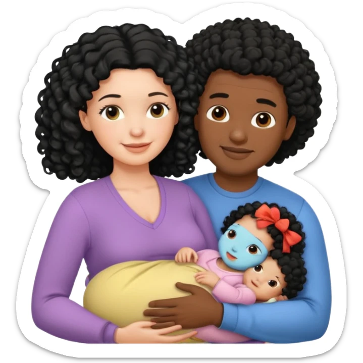family: white woman curly black hair, black man with short black frizz hair, one 2 y o daughter , and a newborn in the and of the mother sticker
