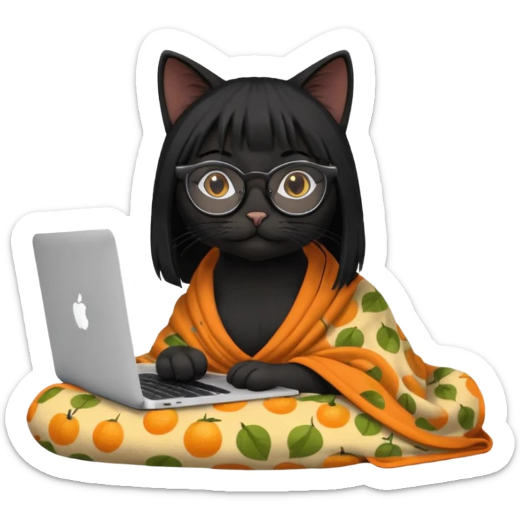 A black female cat working on a MacBook, with long, black straight hair, with round frames and thin glasses, and she wears a blanket with an orange fruit pattern sticker