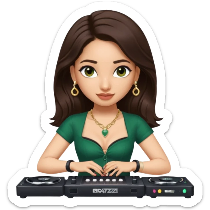 pretty bratz genmoji that looks like tamannah bhatia (bollywood actress), wearing a dark green sweetheart neckline top, dark brown hair, light makeup, no necklace, dangly earrings, side hair part, dark brown eyes, djing sticker