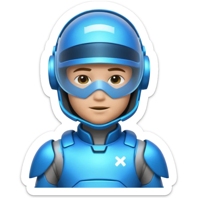 “Futuristic Roblox boy emoji, 2050 style. Blue neon visor, cyber helmet, metallic skin glow, hologram lines, tech-suit with glowing seams, soft neon background.” sticker