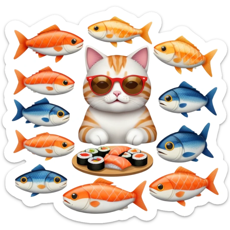 cat wearing sunglasses, looking cocky, eating sushi with more fish around sticker