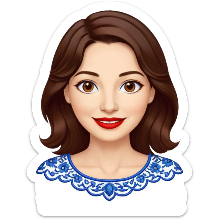 Woman in her 40s with clear skin, round face, wide friendly smile, big light brown eyes, vibrant red lipstick, shoulder-length wavy dark brown hair, white top with blue embroidery and electric blue neckline, mature elegant look sticker