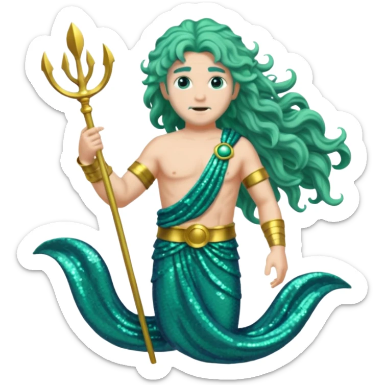Neptune from Roman Deities with long sea green wavy hair, sea green sequin toga sticker