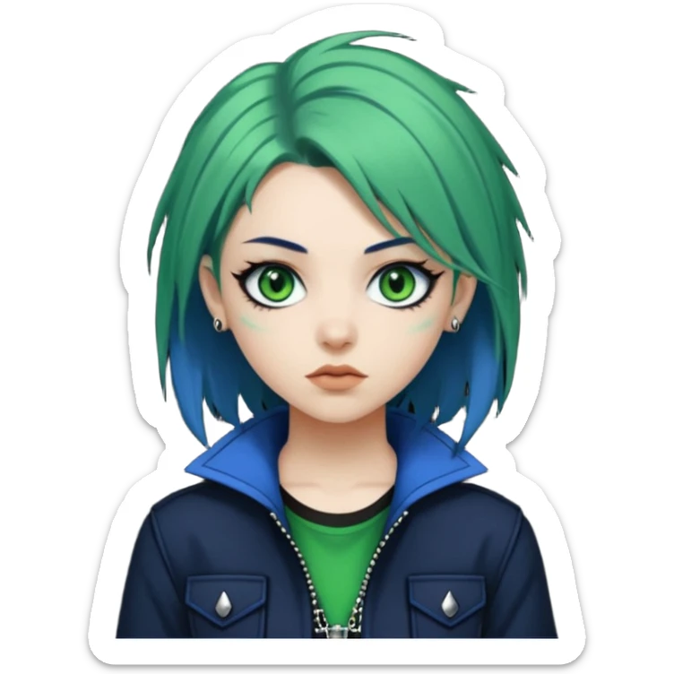 woman with white skin and green eyes, her hair is shoulder length black with navy blue hime cut layers, wearing green and blue y2k and punk themed clothes  sticker