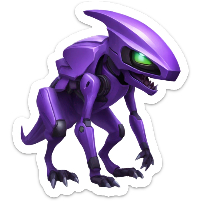a black-purple Genesect-Raptor-Fakémon—hybrid with a futuristic visor-helmet full body sticker