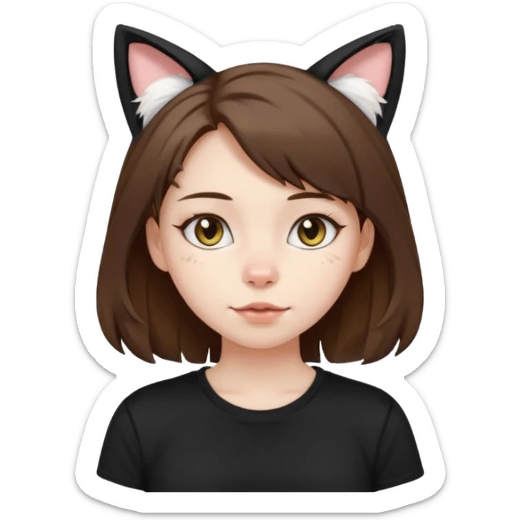 a girl with pale skin, medium length brown hair with lots of dandruff , cat ears and a tail, with a black t-shirt on sticker