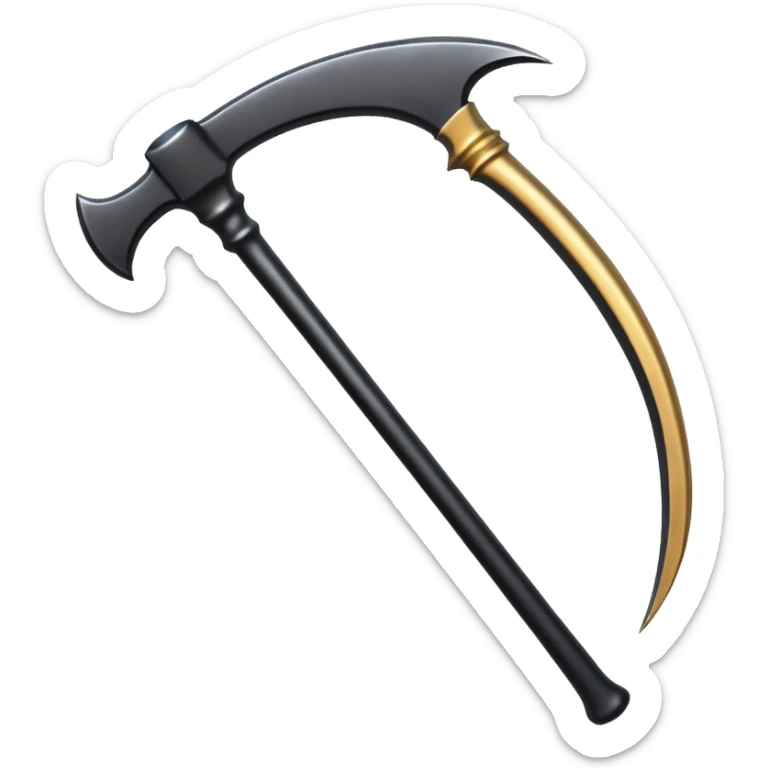 The scythe of the God of Death, a symbol of death, is long and straight, entirely in deep black. sticker