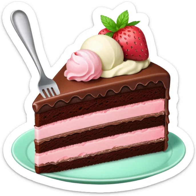 Slice of chocolate cake with strawberry icing and a scoop of mint ice cream on the side sticker