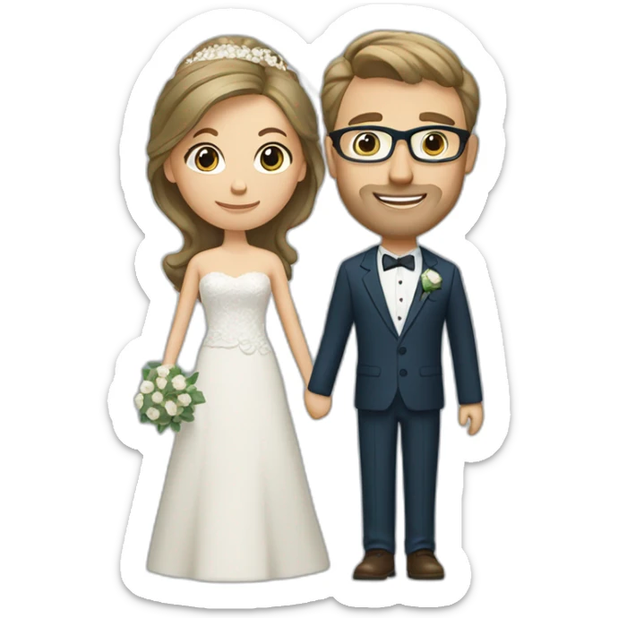 Wedding couple. Bride has brown hair pinned up. She wears lace dress. She has blue eyes. Groom has olive green suit and brown vest. He has blond hair. He wears glasses. He has blue eyes too. sticker