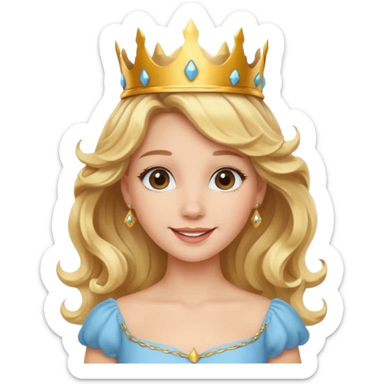 Cheerful blonde princess with wavy hair and light blue dress, wearing crown sticker
