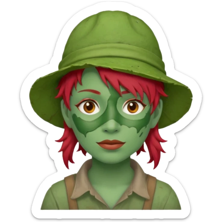 messy green full face green clay mask and tourist hat red hair  sticker