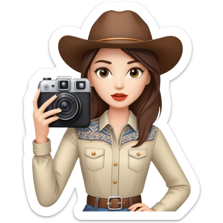 Western female fashion model posing with camera taking selfie, stylish outfit sticker