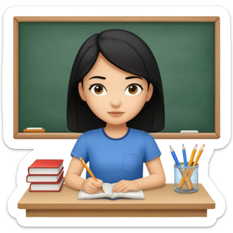 girl with black hair in short sleeves focusing in class sticker