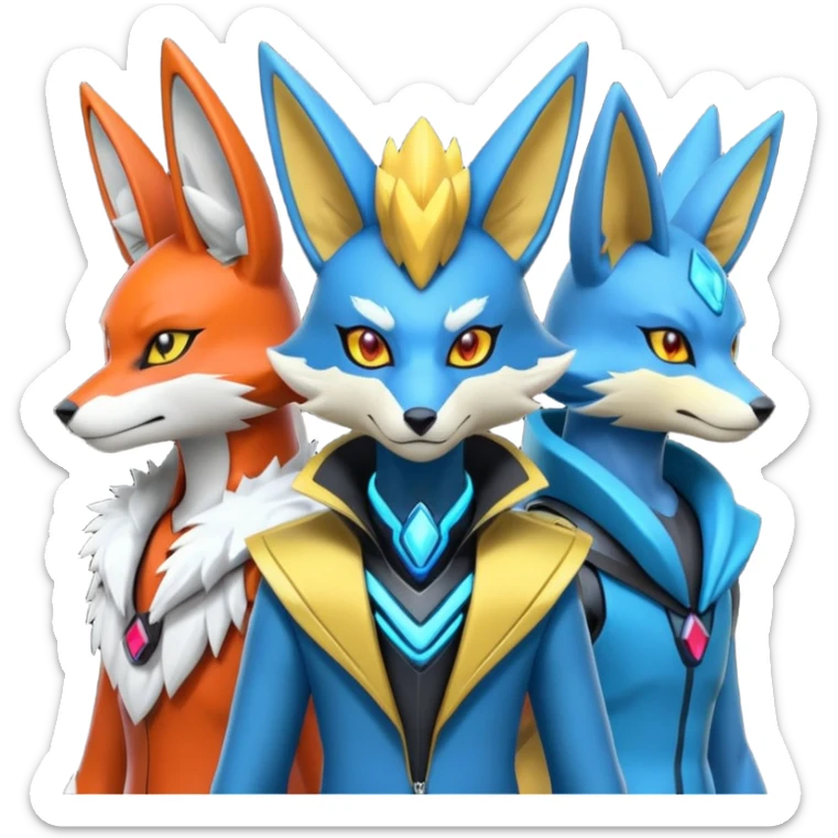 Futuristic modern colorful cyberpunk-Delphox-Zeraora-Lucario-fusion sticker