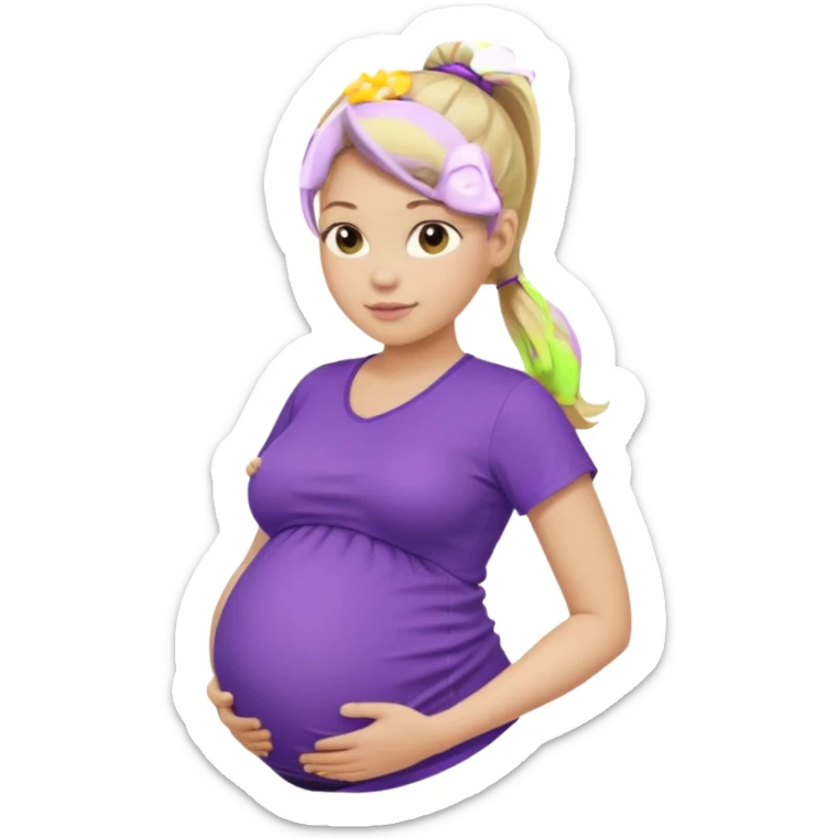 pregnant woman with purple shirt. Blond hair, light skin, pony tail. Only show abdomen neck and head. sticker