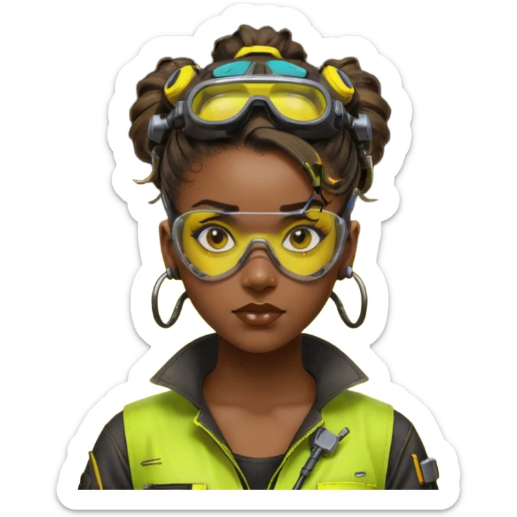 Cyberpunk black female mechanic, yellow tech goggles on forehead, messy hair bun, ear piercings, tool collar, grease smudge on cheek, focused expression, neon yellow lighting sticker