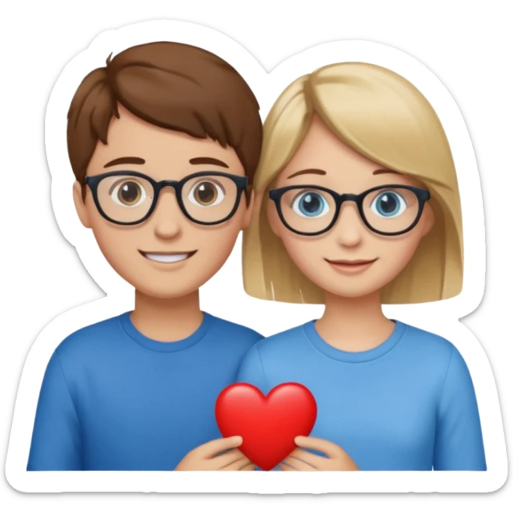 two young lovers, a red heart in the middle, boy with brown hair and glasses, girl blonde with blue eyes without glasses, emoji style sticker