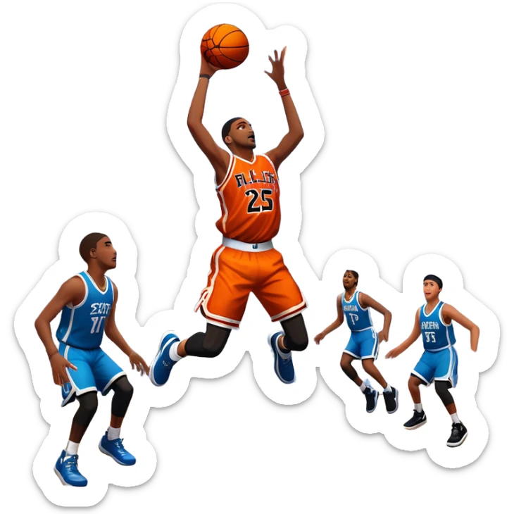 An icon featuring a basketball court with players in action, inspired by NBA 2K25. A player jumps for a dunk, with the ball mid-air. Bright lights illuminate the court, symbolizing the excitement of sports simulation games. Transparent background emphasizes the energy. sticker