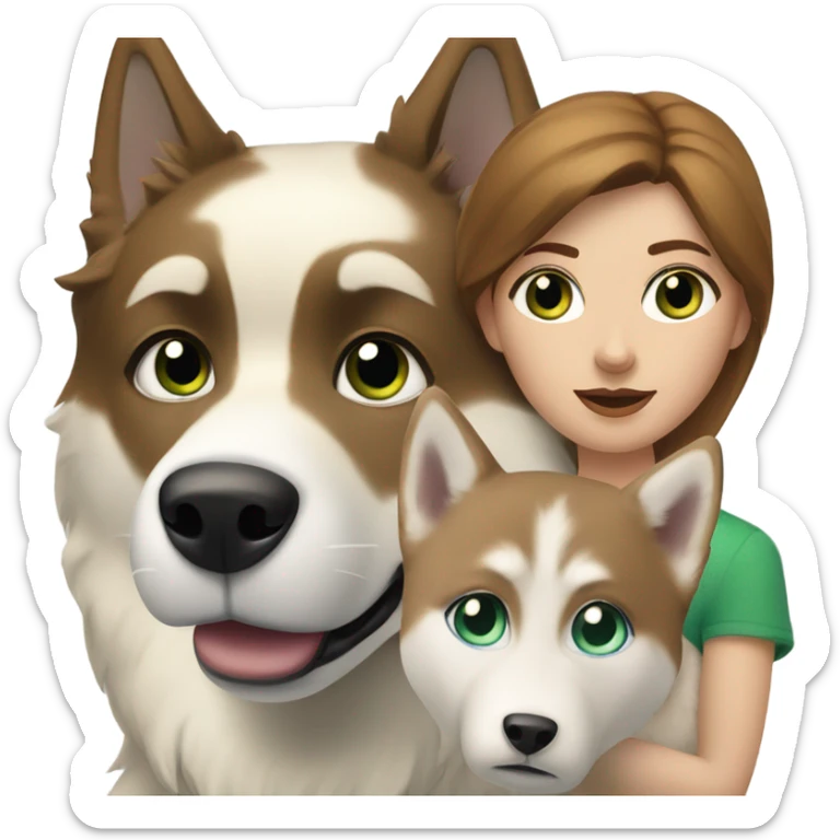 White Woman hair brown and bleus eyes and golden Husky With green eyes sticker