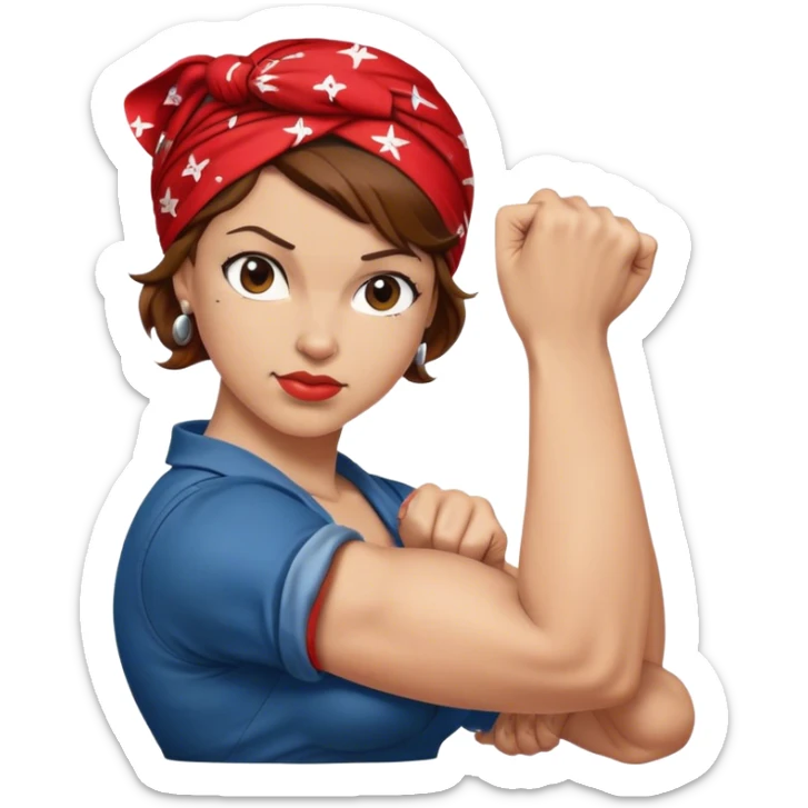 Light skin and brown hair with red bandana Rosie the Riveter shows biceps sticker