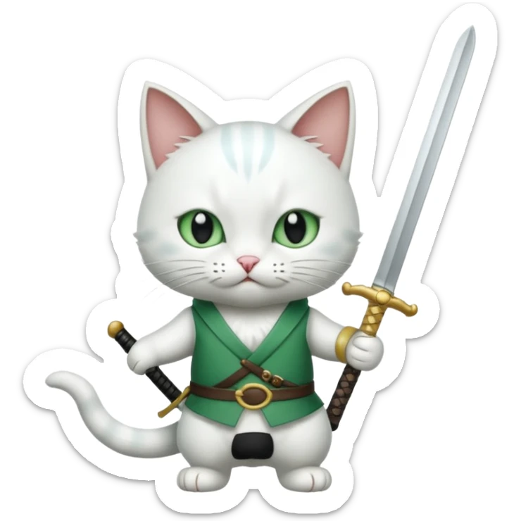 un gato blanco con reeferencia a rororoa zoro "una espada en cada mano y una en la boca" sticker