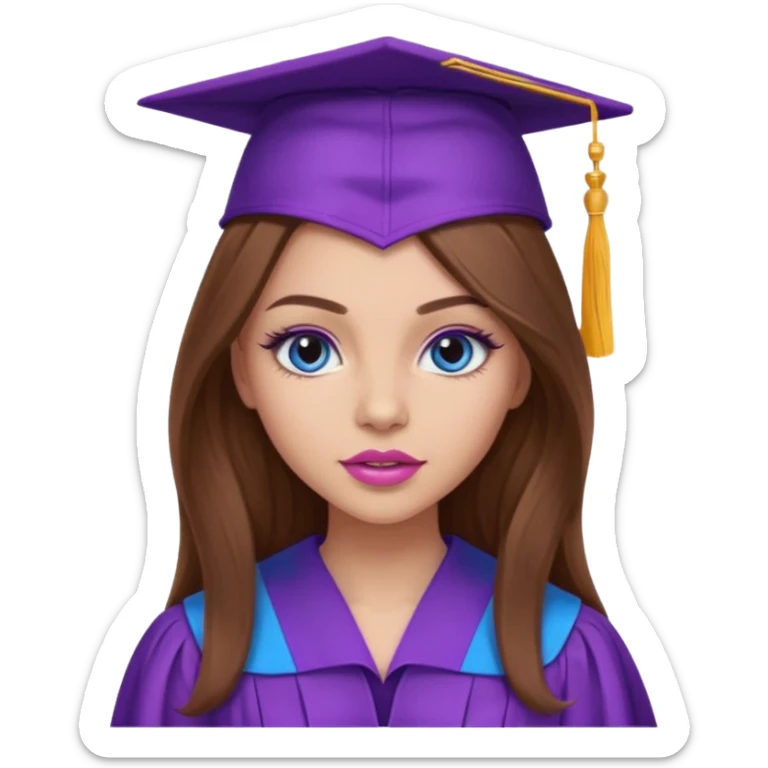 girl with beautiful long brown hair, blue eyes, long lashes makeup, sexy pink lips, wearing a purple graduation cap and gown sticker