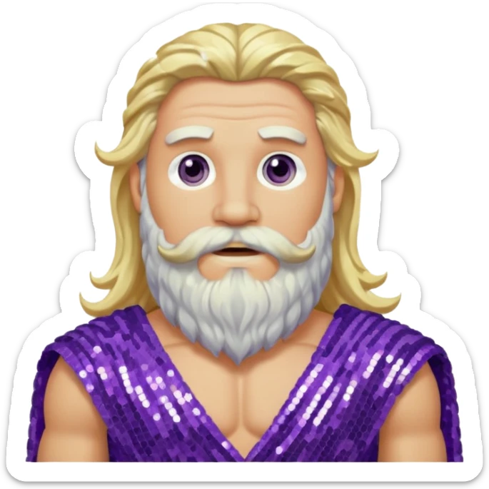 Zeus from Olympus Gods with long blonde wavy hair and beard, purple sequin loincloth sticker