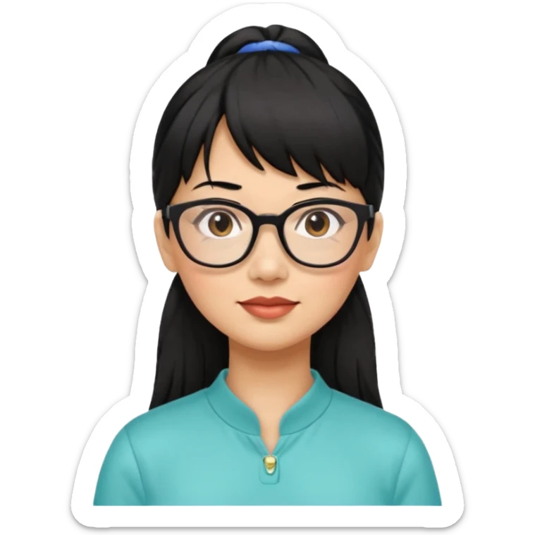 filipino woman black hair in one pony tail with straight bangs and big glasses, 50 yr old sticker