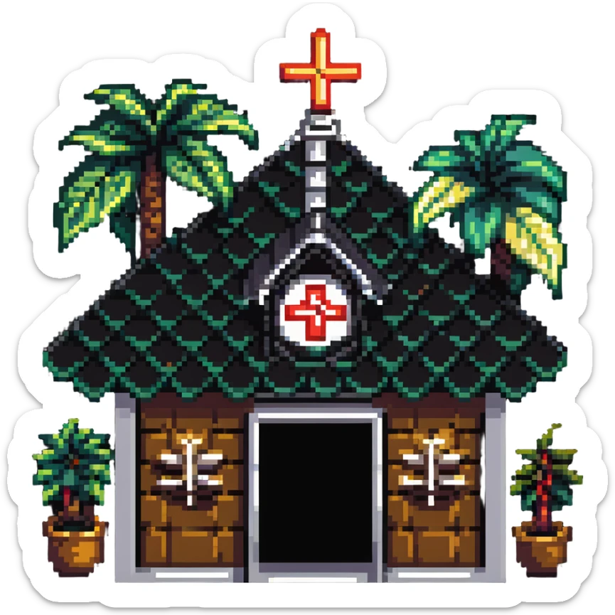 Thai hospital with traditional ornate roof, medical symbol, tropical plants sticker